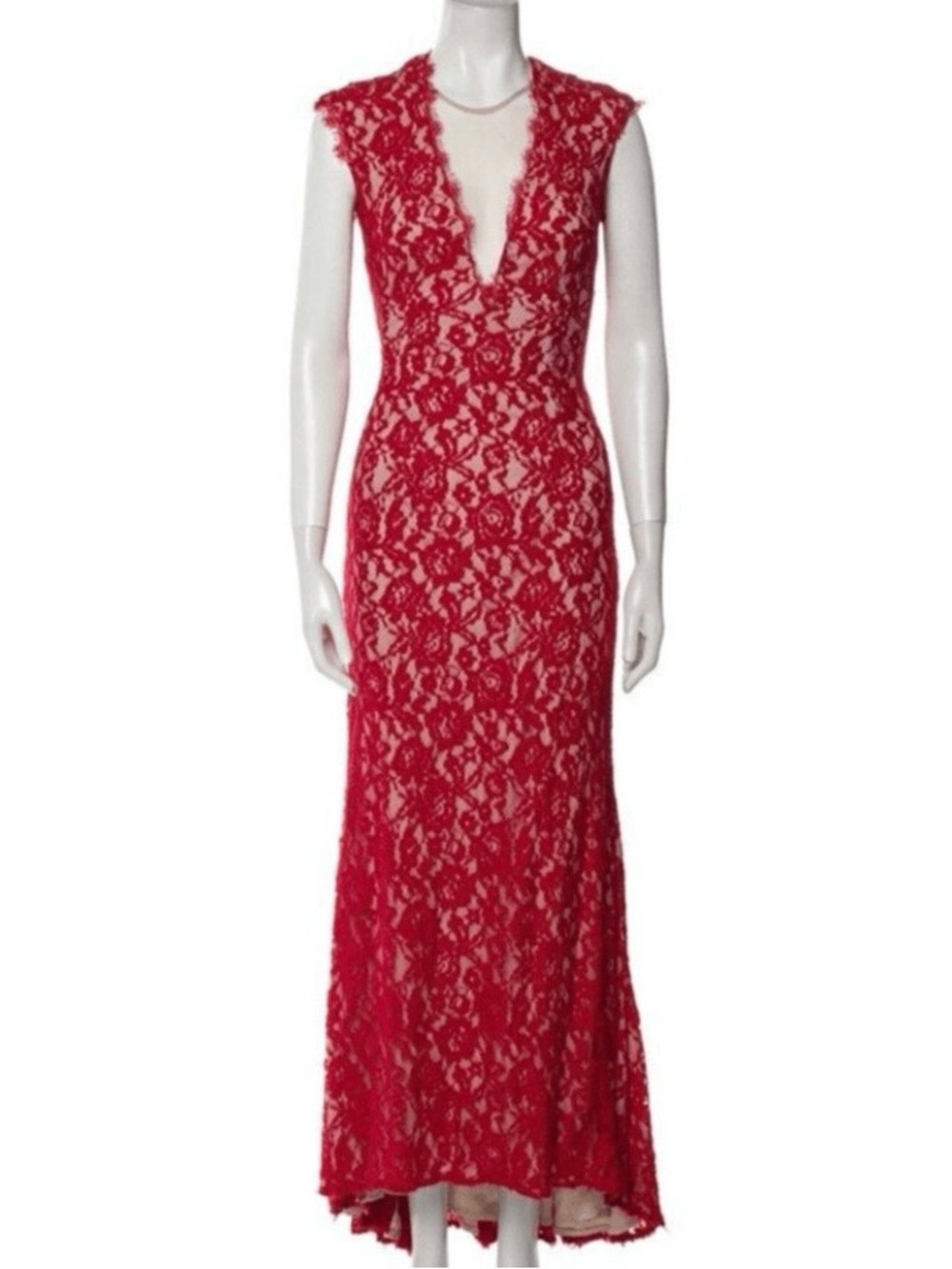 Aidan by Aidan Mattox Red Lace Plunging V-Neck Maxi Dress